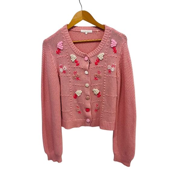 LoveShackFancy Briallon Cardigan Little Bow Pink XL Embroidered NWT Wool Blend - Picture 2 of 9